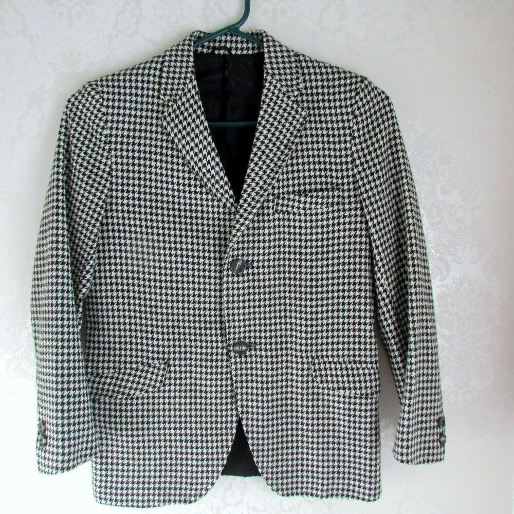 BOY'S WOOL BLAZER, 10-12 MED, BLACK & WHITE HOUNDSTOOTH CHECK, LINED, POCKETS